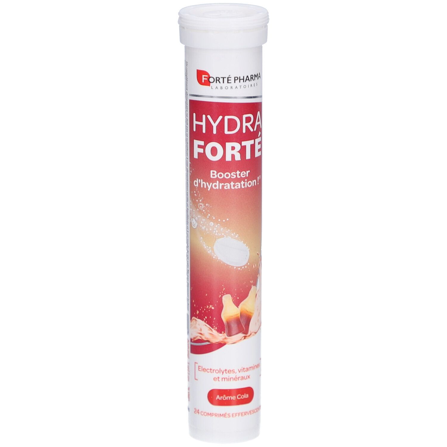 Tube blanc avec étiquette rouge. Inscription: HYDRA FORTE, Booster d'hydratation, Aromé Cola. Contient 24 comprimés effervescents.