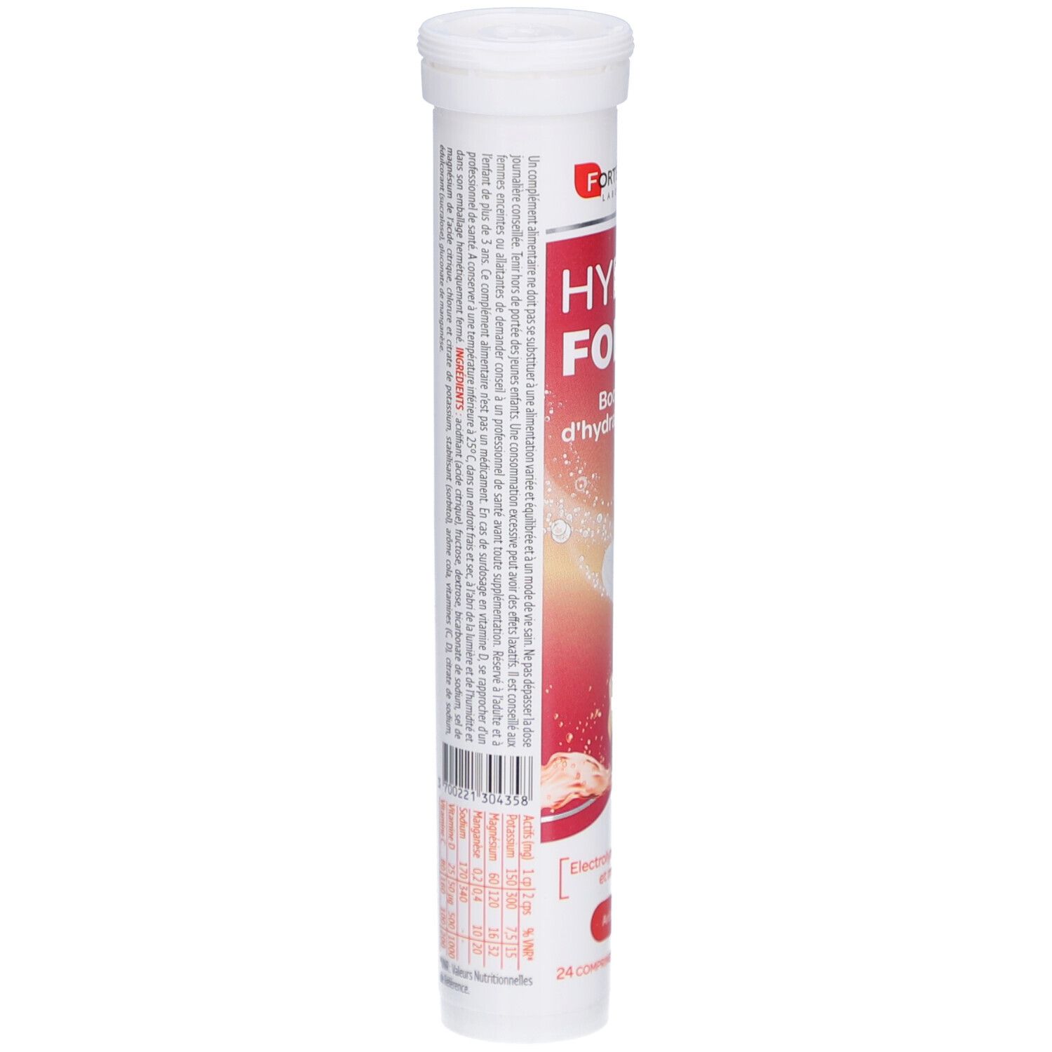Tube cylindrique blanc. Texte en français. Contient des informations sur le produit et ses ingrédients. Avec code-barres.
