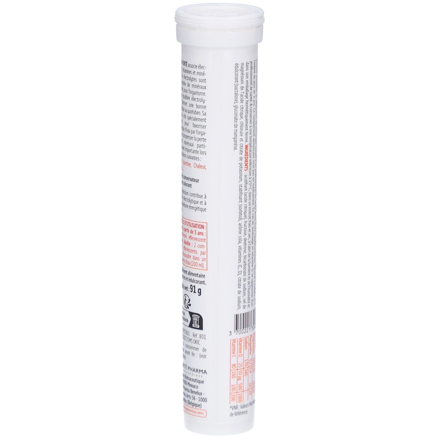 Tube cylindrique blanc. Texte en français. Contient des informations sur le produit et ses ingrédients. Avec code-barres.