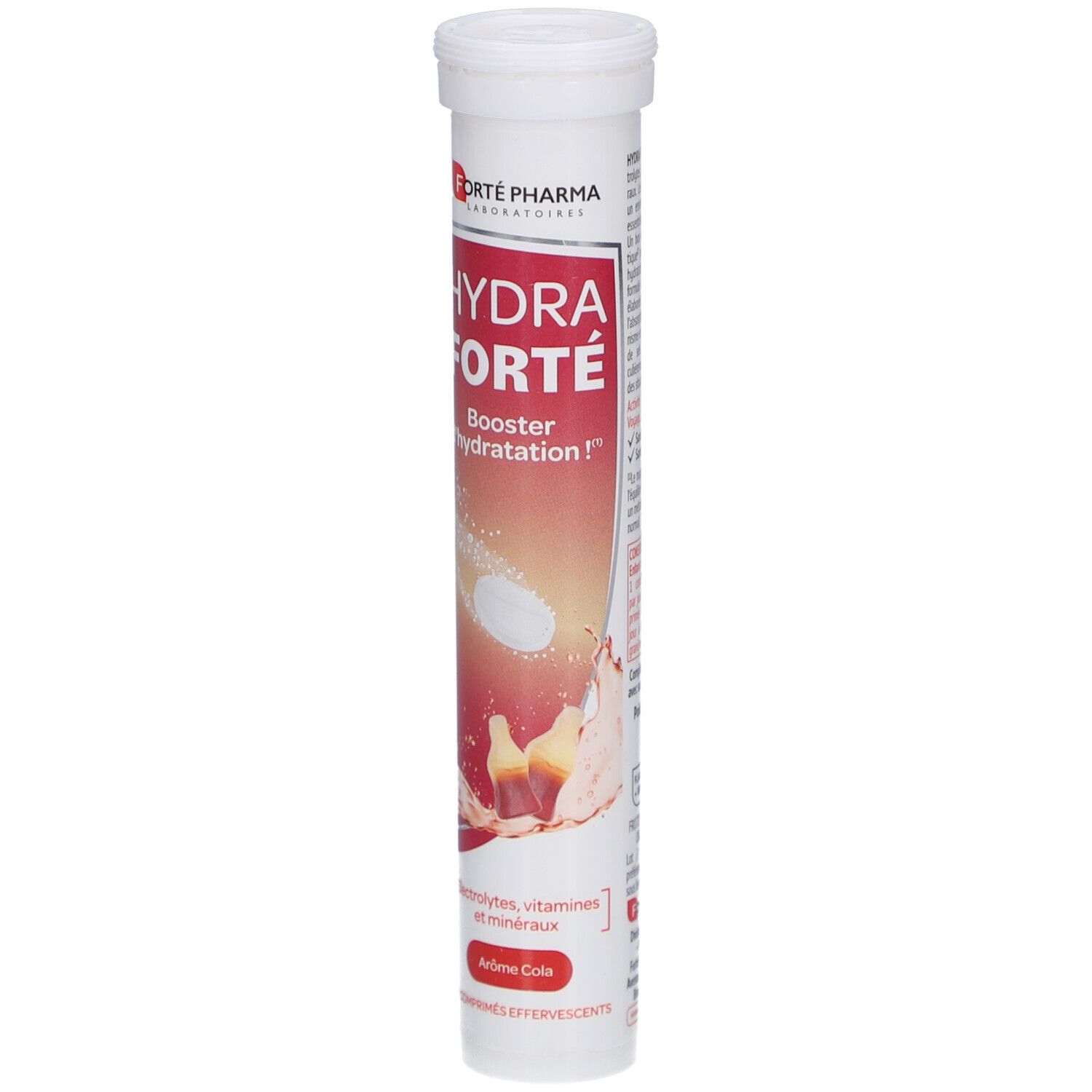 Tube blanc avec étiquette rouge. Inscription: HYDRA FORTE, Booster d'hydratation, Aromé Cola. Contient 24 comprimés effervescents.