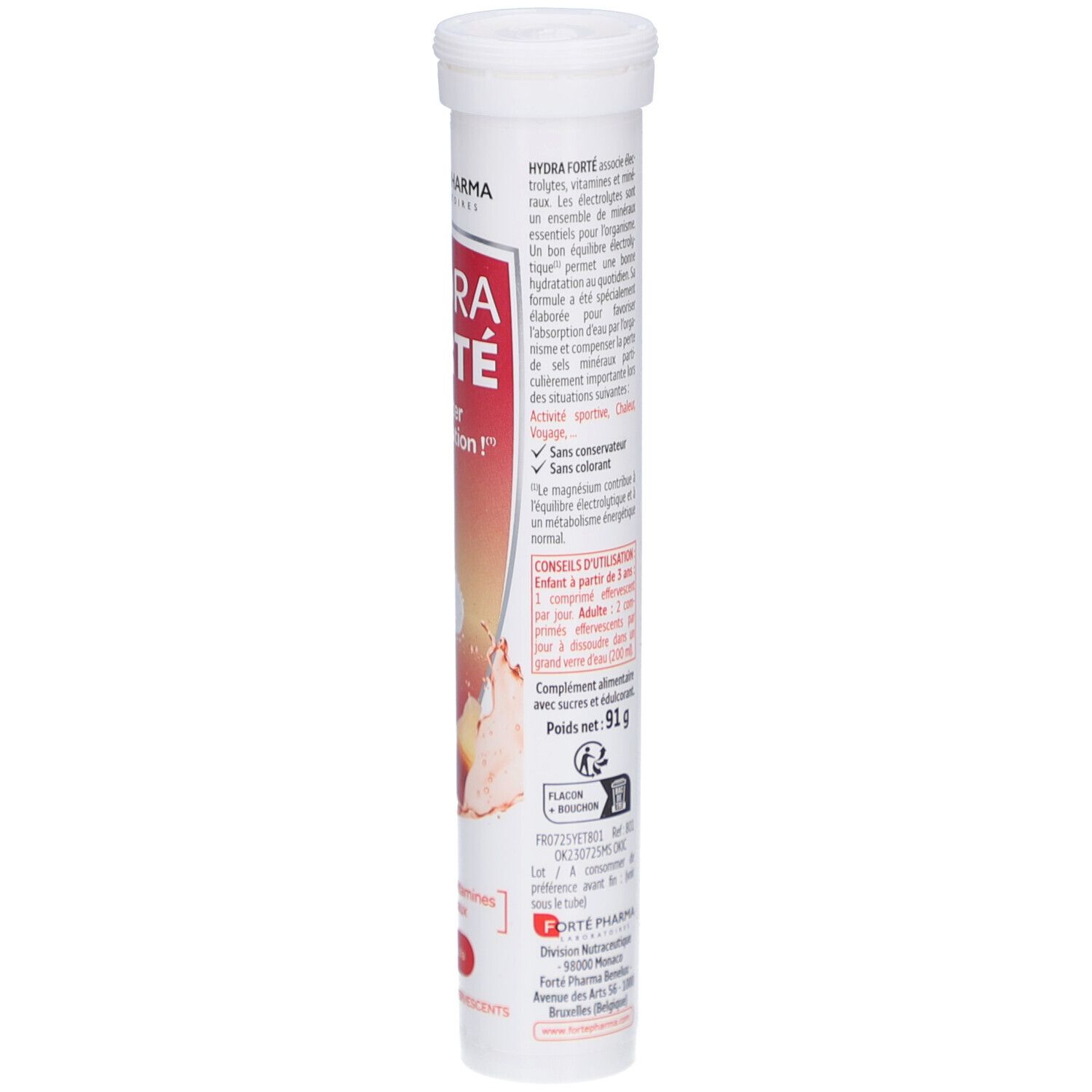 Tube blanc avec étiquette rouge. Inscription: HYDRA FORTE, Booster d'hydratation, Aromé Cola. Contient 24 comprimés effervescents.