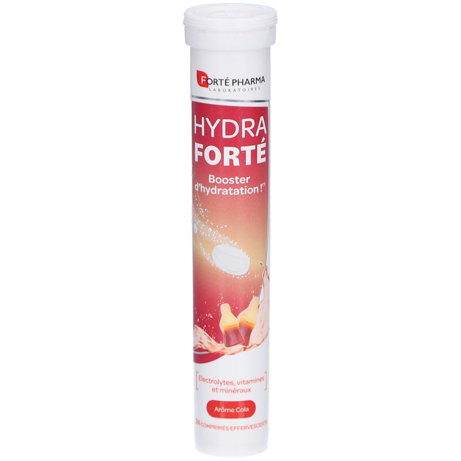 Tube blanc avec étiquette rouge. Inscription: HYDRA FORTE, Booster d'hydratation, Aromé Cola. Contient 24 comprimés effervescents.