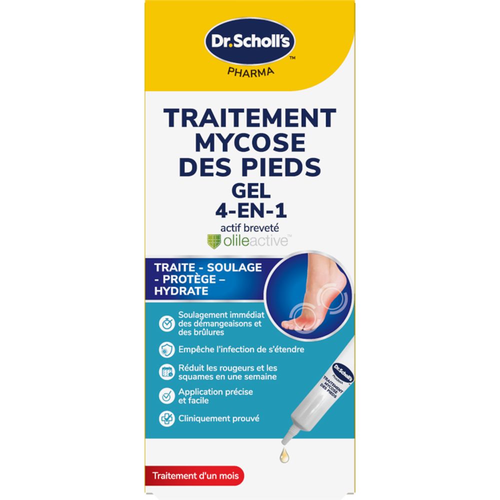 Dr. Scholl's Traitement Mycose des Pieds Gel 4-en-1 : Face avant de l'emballage, informations produit et visuel d'application.