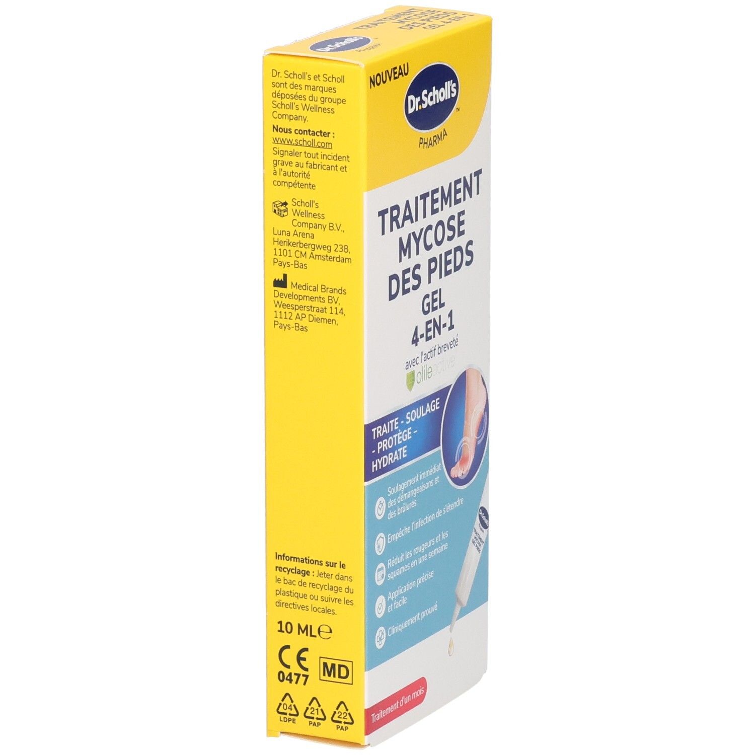 Boîte de gel. Côté avec texte, marque Dr. Scholl's. Informations de recyclage, marquage CE, 10 ml. Gel 4-en-1 contre la mycose des pieds.