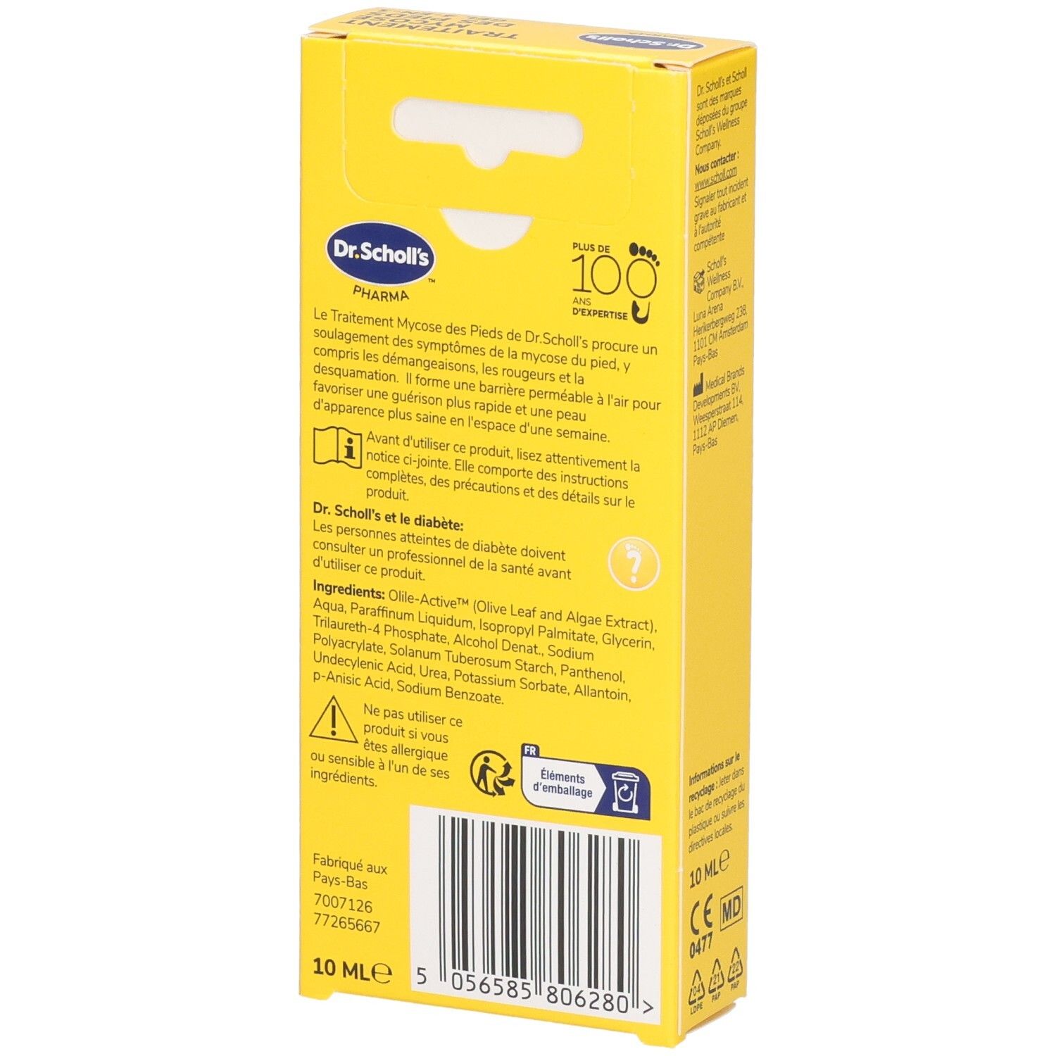 Boîte de gel. Dos avec texte, marque Dr. Scholl's. Ingrédients, 10 ml. Informations pour diabétiques. Gel 4-en-1 contre la mycose des pieds.