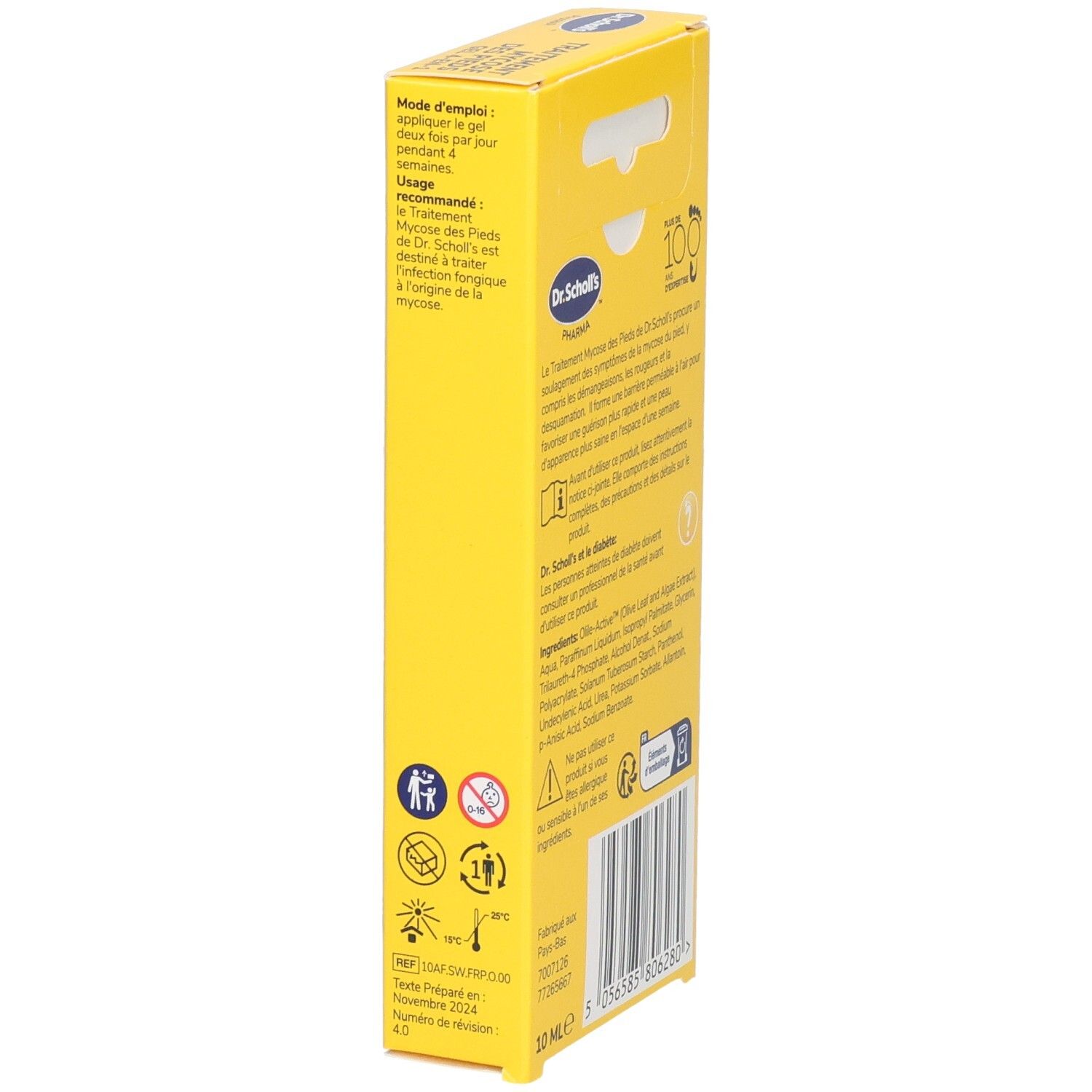 Boîte de gel. Côté avec texte, marque Dr. Scholl's. Mode d'emploi, 10 ml. Gel 4-en-1 contre la mycose des pieds. Symboles enfants et chaleur.