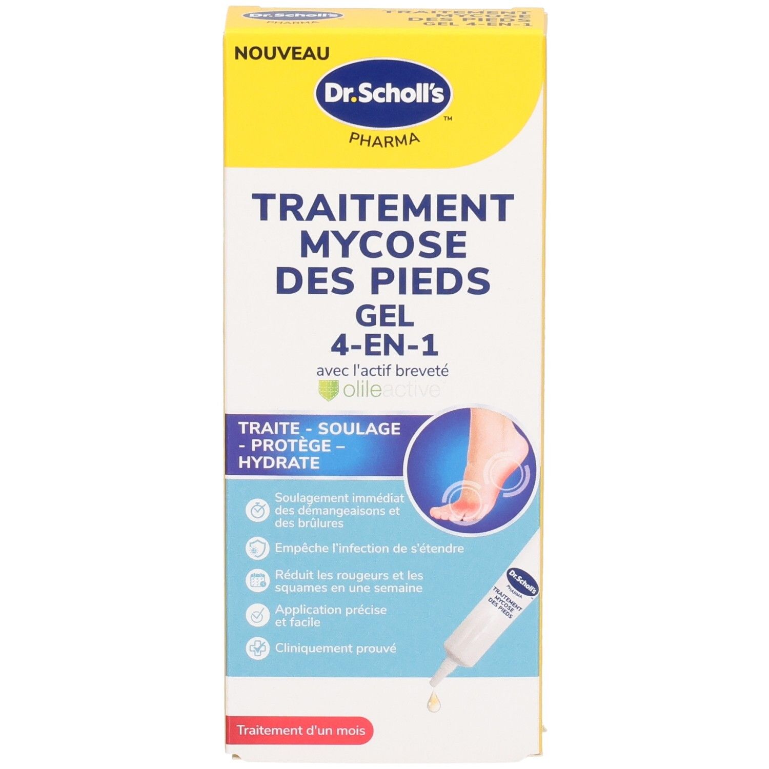 Boîte de gel. Gel 4-en-1 contre la mycose des pieds. Marque Dr. Scholl's. Tube de gel et illustration de pied. Traite, soulage, protège et hydrate.