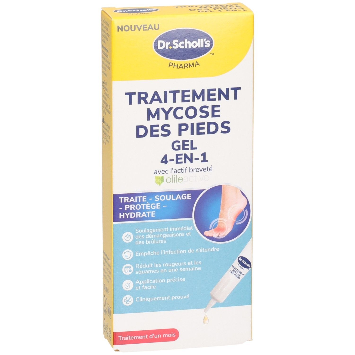 Boîte de gel. Gel 4-en-1 contre la mycose des pieds. Marque Dr. Scholl's. Tube de gel et illustration de pied. Traite, soulage, protège et hydrate.