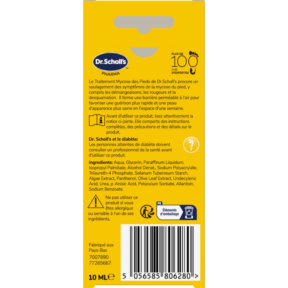 Dr. Scholl's Traitement Mycose des Pieds Gel 4-en-1 : Face arrière de l'emballage avec informations détaillées et ingrédients.