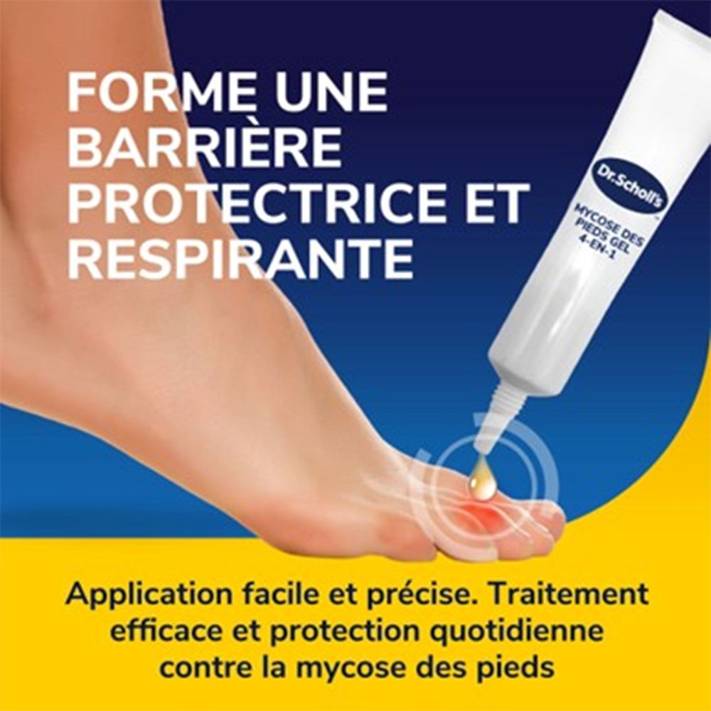 Dr. Scholl's Traitement Mycose des Pieds Gel 4-en-1 : Gros plan d'un pied recevant le gel pour former une barrière protectrice.