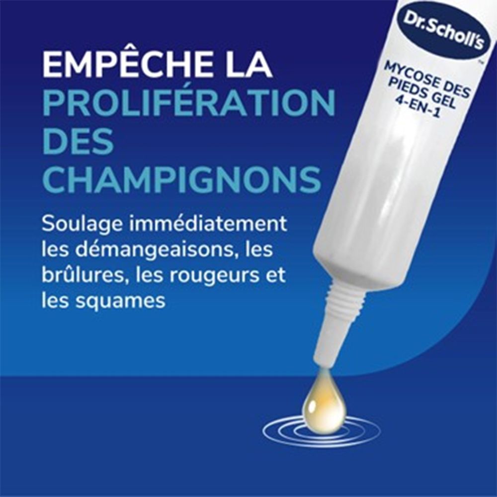 Dr. Scholl's Traitement Mycose des Pieds Gel 4-en-1 : Le gel arrête la prolifération des champignons et soulage les démangeaisons et rougeurs.
