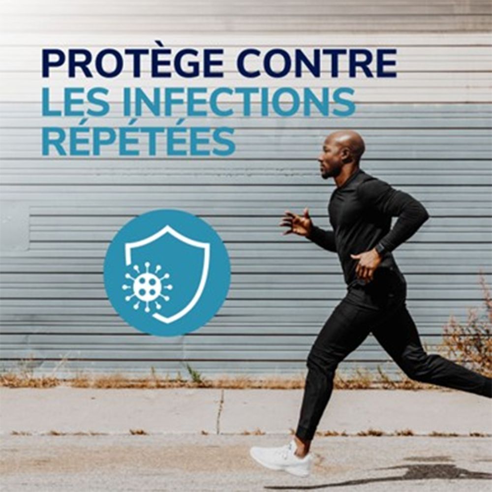 Dr. Scholl's Traitement Mycose des Pieds Gel 4-en-1 : Un homme court, une icône symbolisant la protection contre les infections récurrentes.