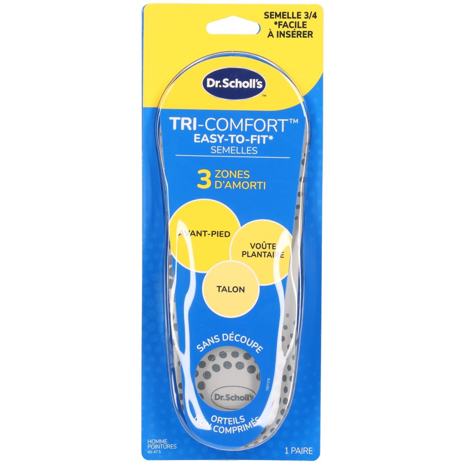 Semelle transparente dans un emballage jaune. Inscription: Dr. Scholl's TRI-COMFORT EASY-TO-FIT SEMELLES. 3 zones.