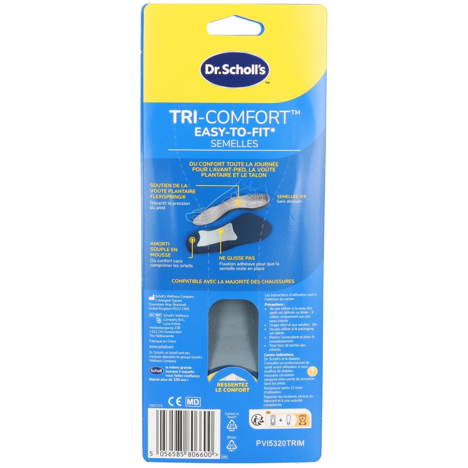 Dos de l'emballage avec informations produit. Inscription: Dr. Scholl's TRI-COMFORT EASY-TO-FIT SEMELLES. Marquage CE.