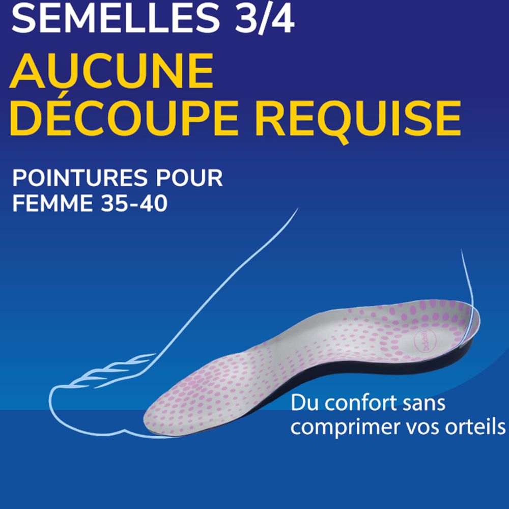 Semelle 3/4 pour femme, tailles 35-40, aucune découpe requise. Confort sans comprimer les orteils.