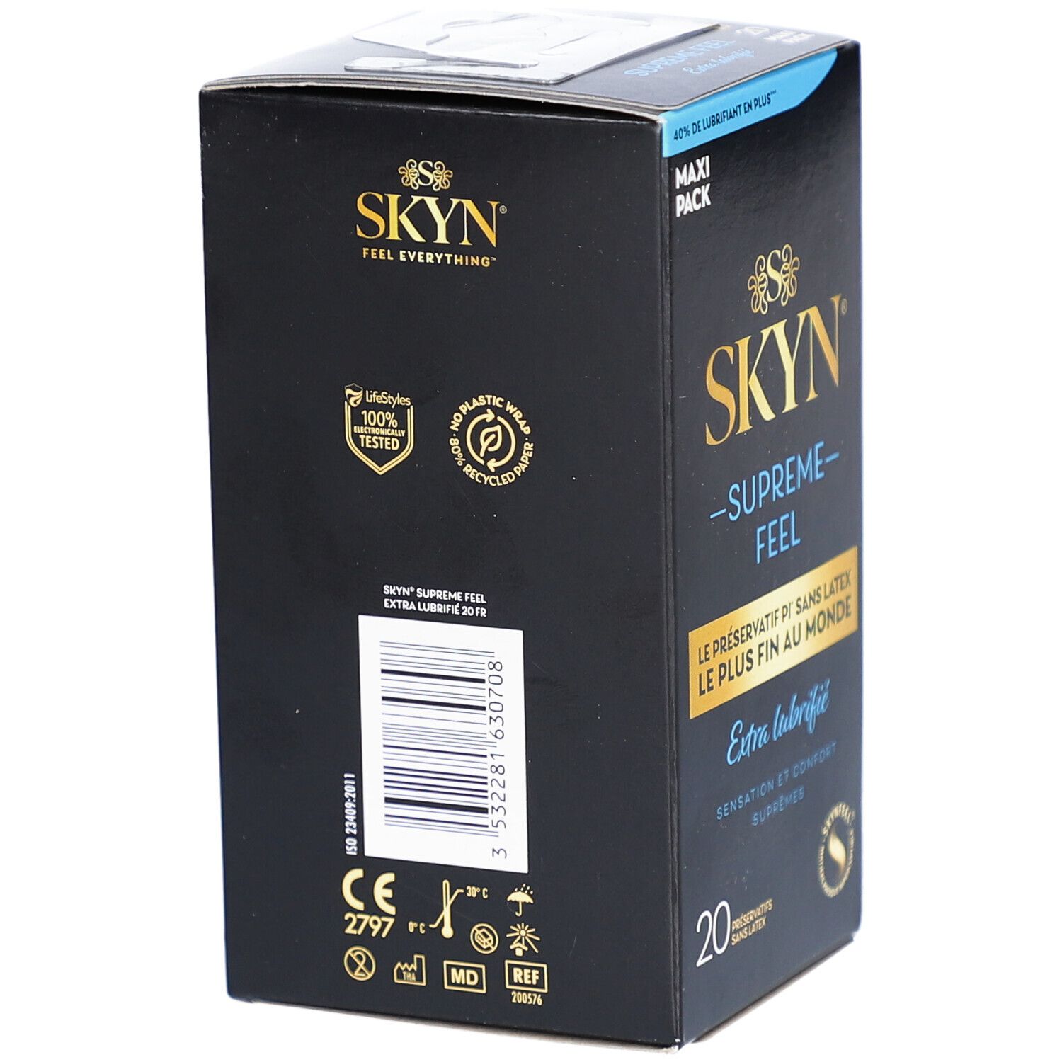 Boîte noire, vue latérale. Nom du produit et logos. Code-barres et certifications. Texte: "SKYN SUPREME FEEL Extra lubrifié 2018".