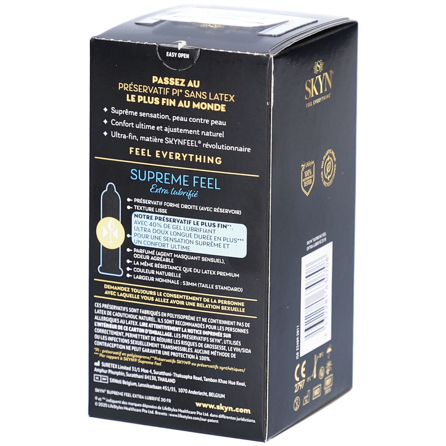 Boîte noire avec informations produit. Texte: "PASSEZ AU PRÉSERVATIF PI® SANS LATEX LE PLUS FIN AU MONDE". Illustration de préservatif.