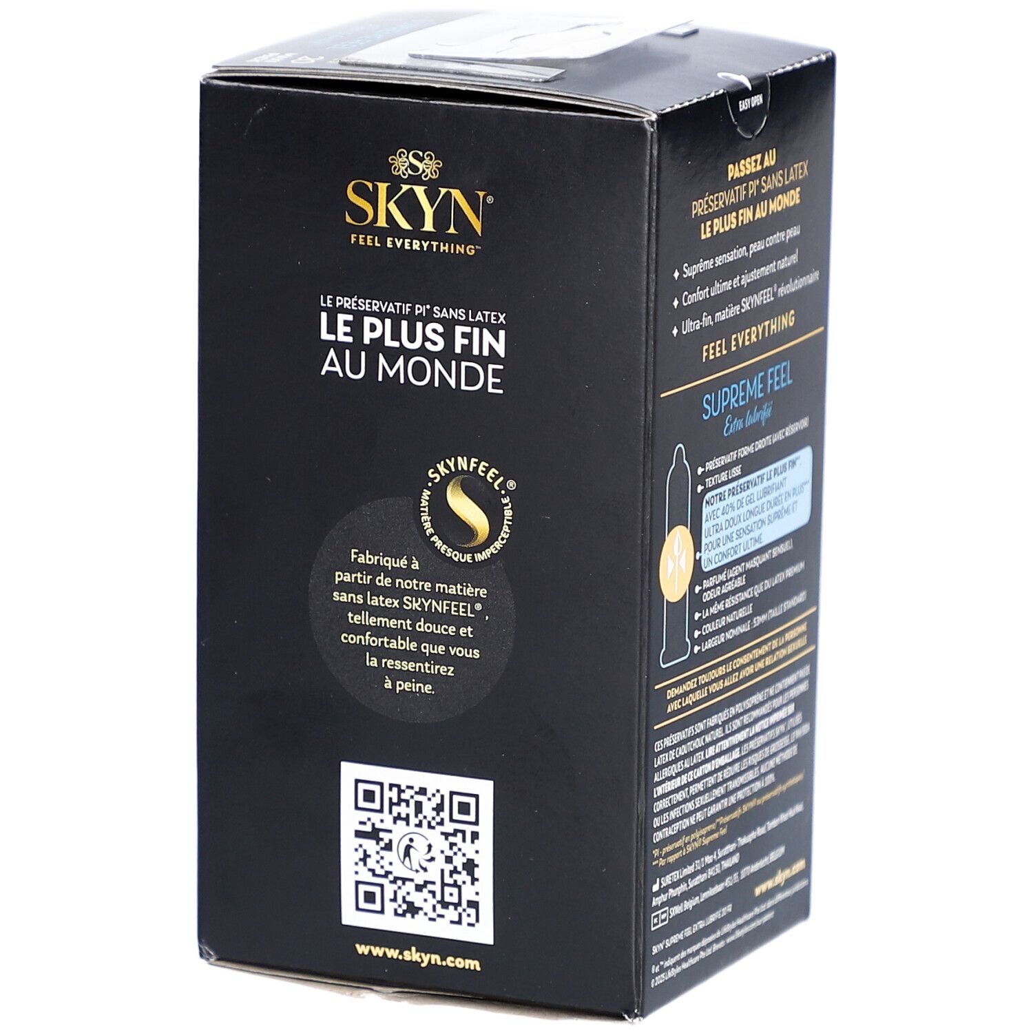 Boîte noire, dos. Texte: "PASSEZ AU PRÉSERVATIF PI® SANS LATEX LE PLUS FIN AU MONDE". Code QR et logos.