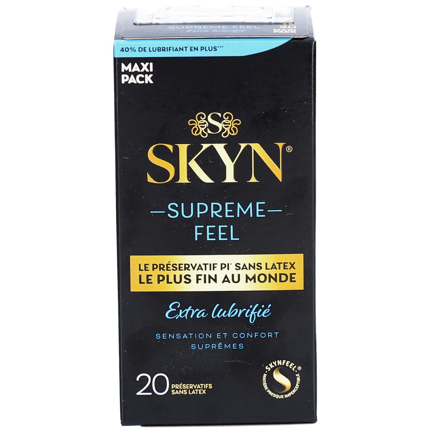 Boîte noire avec nom du produit et "Extra lubrifié". Contient 20 préservatifs. Logo "MAXI PACK".
