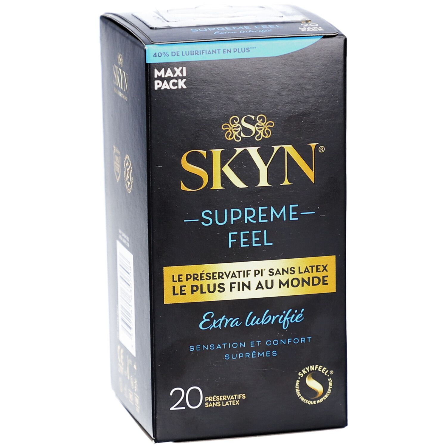 Boîte noire avec nom du produit et "Extra lubrifié". Contient 20 préservatifs. Logo "MAXI PACK".