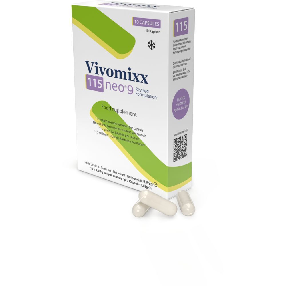 Boîte et deux gélules de Vivomixx neo 115, un complément alimentaire.