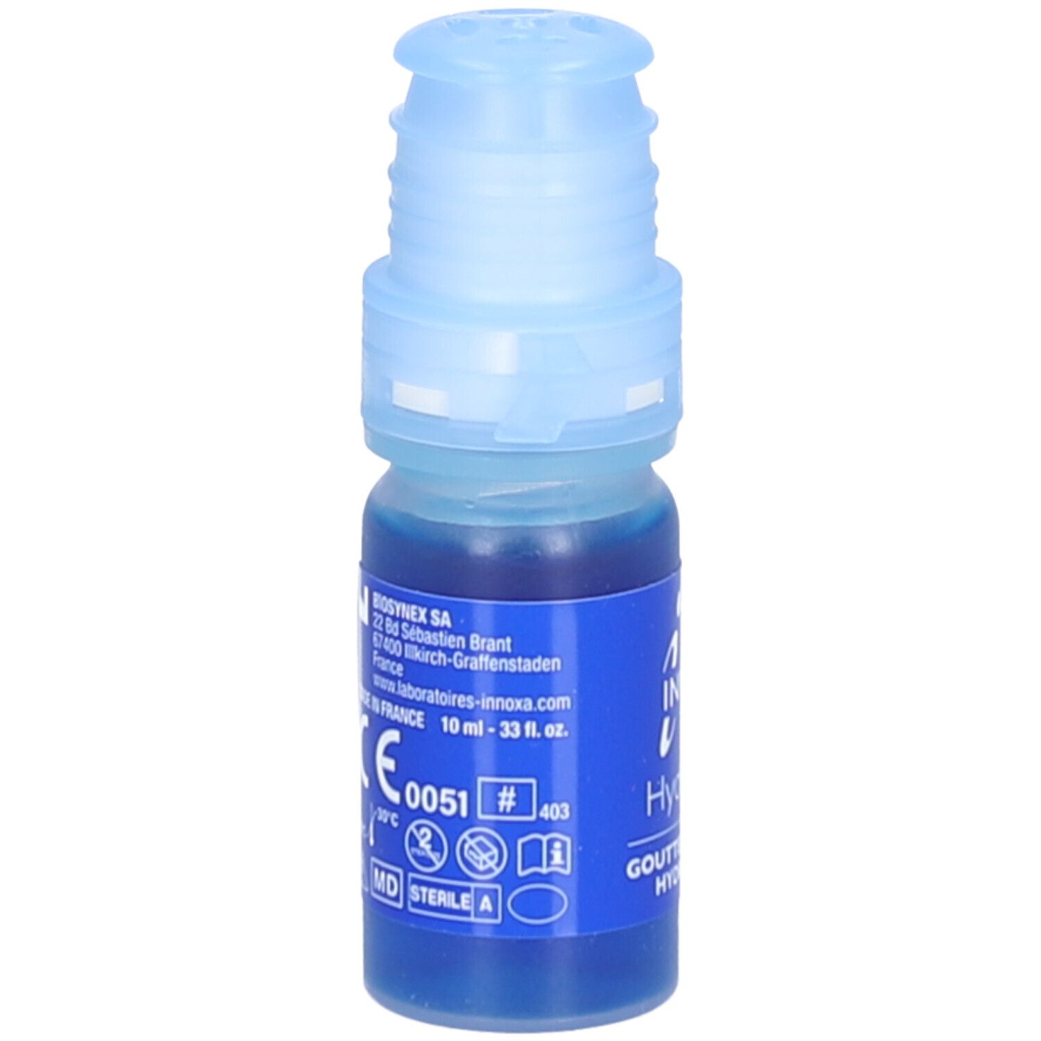 Flacon bleu contenant un liquide bleu. Inscriptions: INNOXA, HydraBlue, marquage CE. Bouchon et flacon bleus.