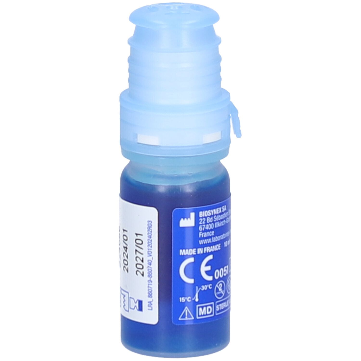 Petit flacon avec liquide bleu et bouchon bleu. Inscriptions: INNOXA, HydraBlue, marquage CE, date de péremption.