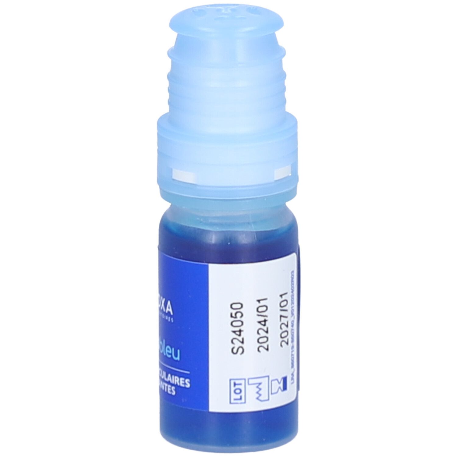 Petit flacon avec liquide bleu et bouchon bleu. Inscriptions: INNOXA, HydraBlue, numéro de lot, date de péremption.