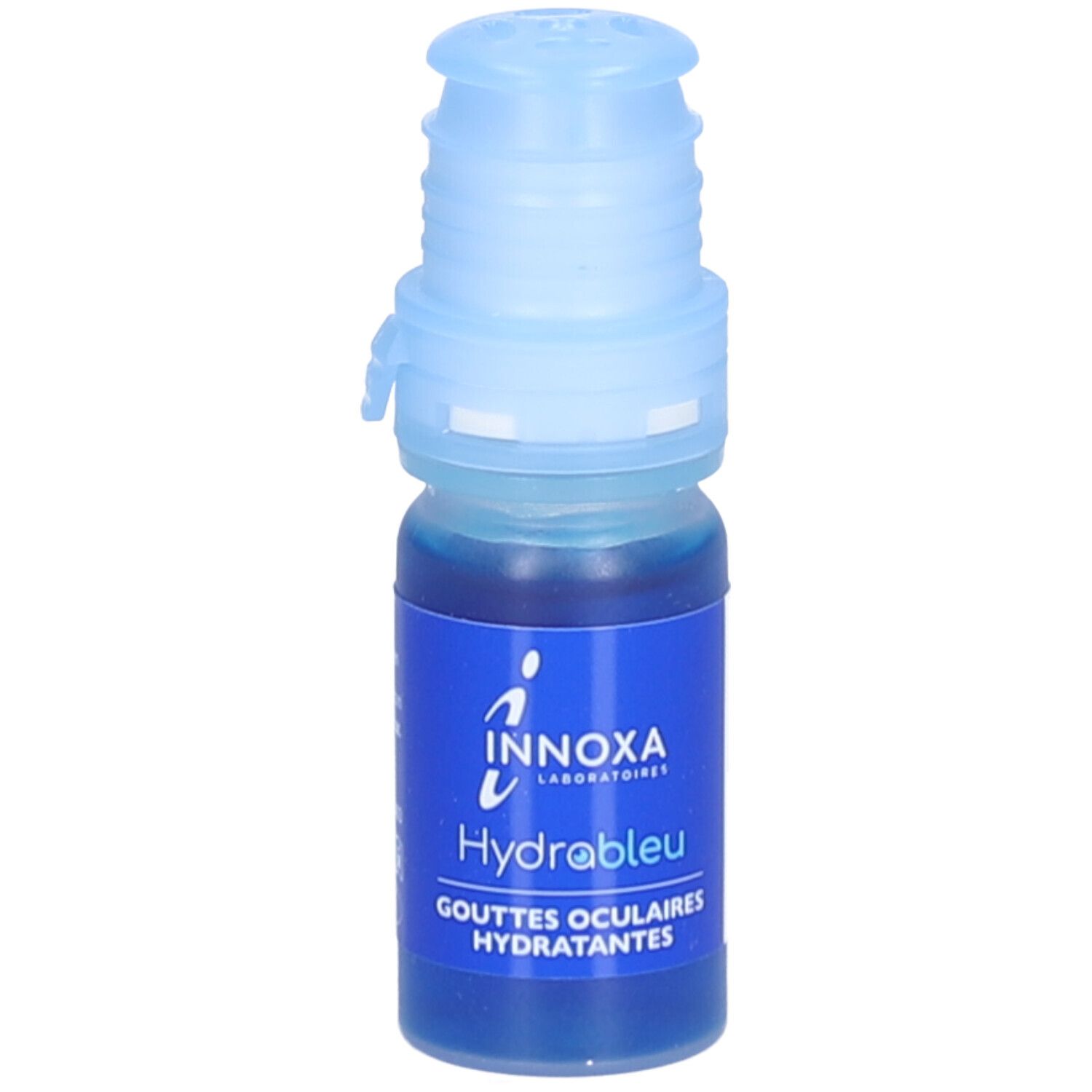 Petit flacon avec liquide bleu et bouchon bleu. Inscriptions: INNOXA, HydraBlue, gouttes oculaires.