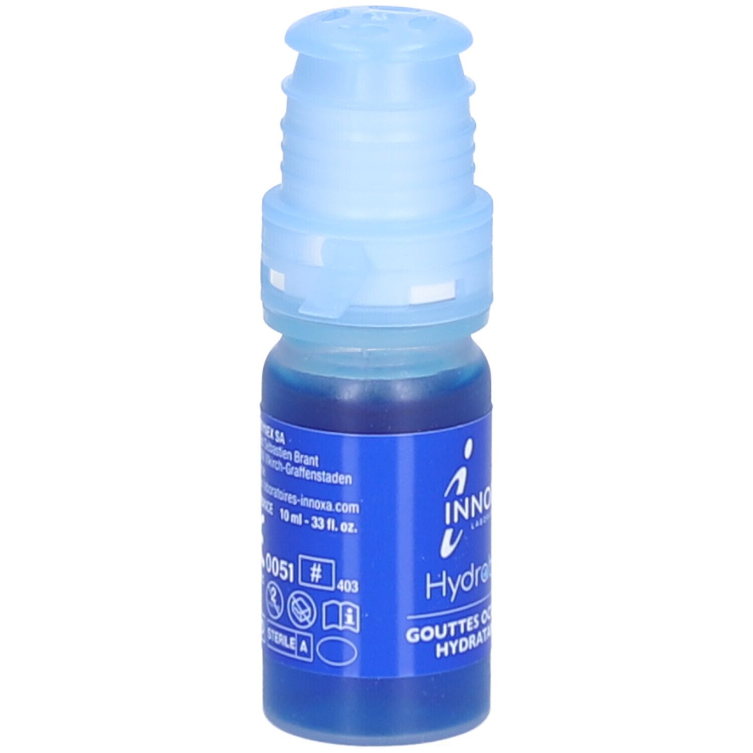 Petit flacon avec liquide bleu et bouchon bleu. Inscriptions: INNOXA, HydraBlue, marquage CE.