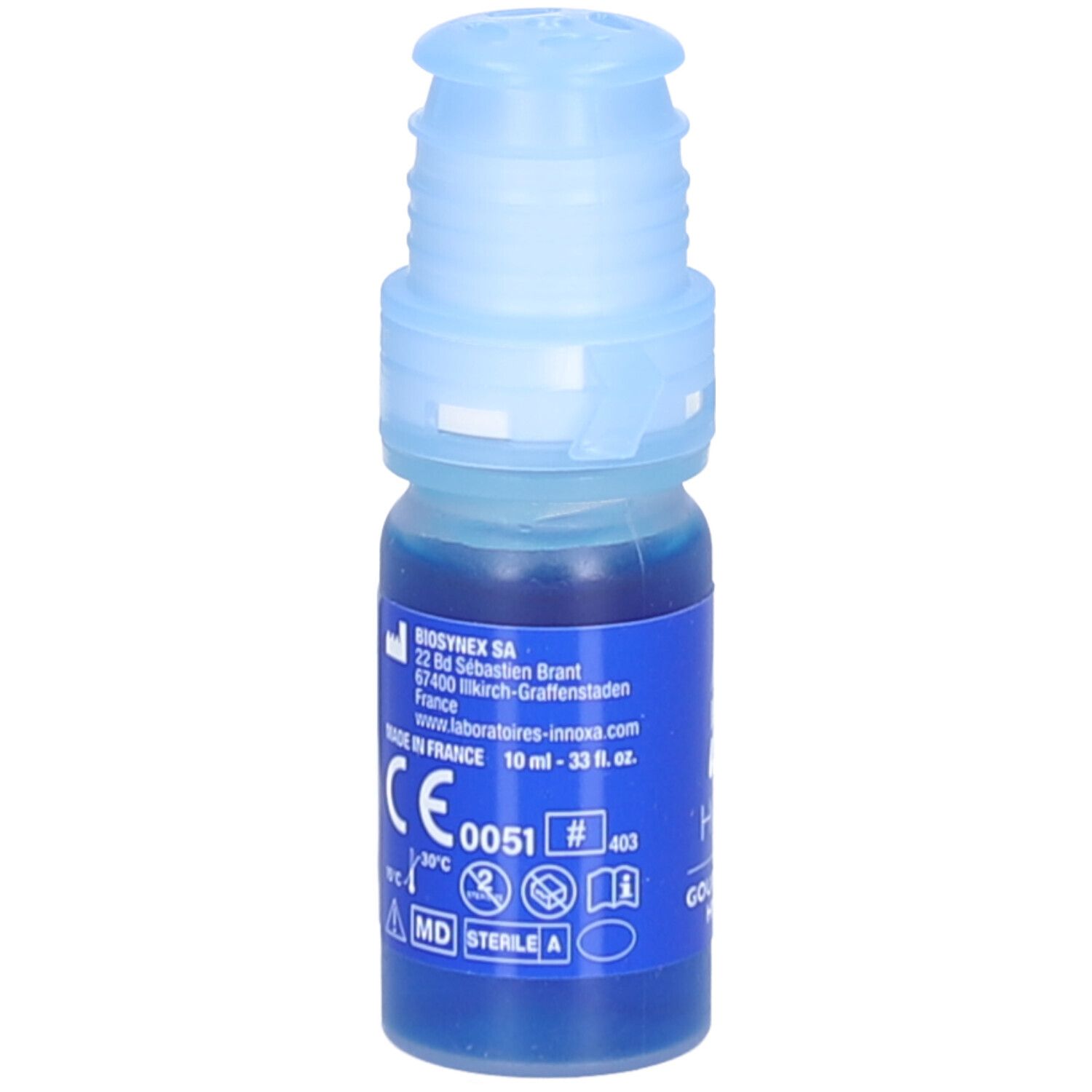 Petit flacon avec liquide bleu et bouchon bleu. Inscriptions: INNOXA, HydraBlue, marquage CE.