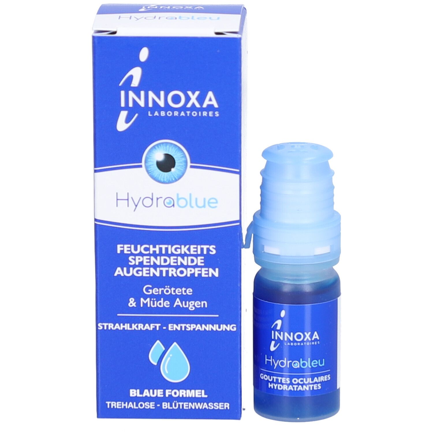 Petit flacon et boîte. Inscriptions: INNOXA, HydraBlue, gouttes oculaires. Boîte avec informations produit.