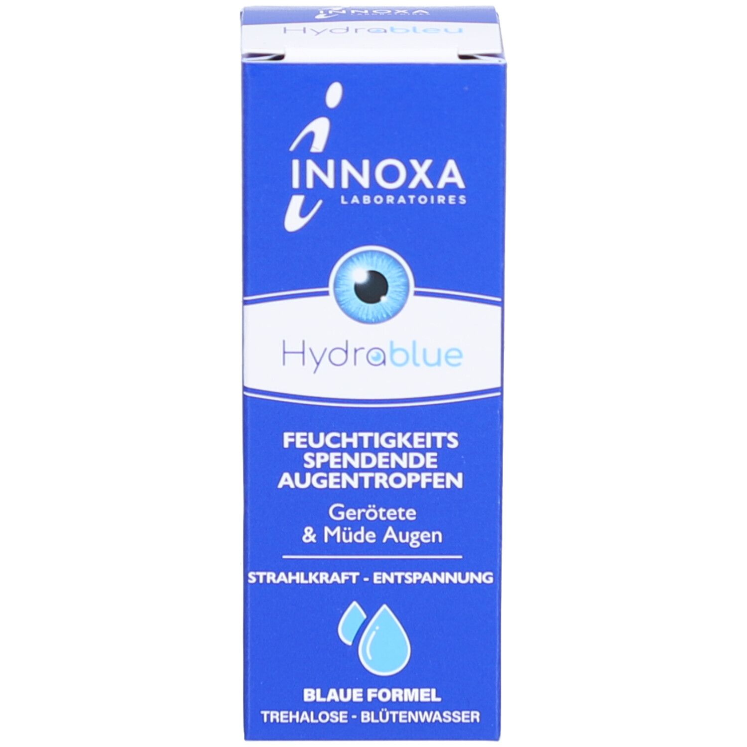 Boîte avec informations produit. Inscriptions: INNOXA, HydraBlue, gouttes oculaires. Formule bleue.