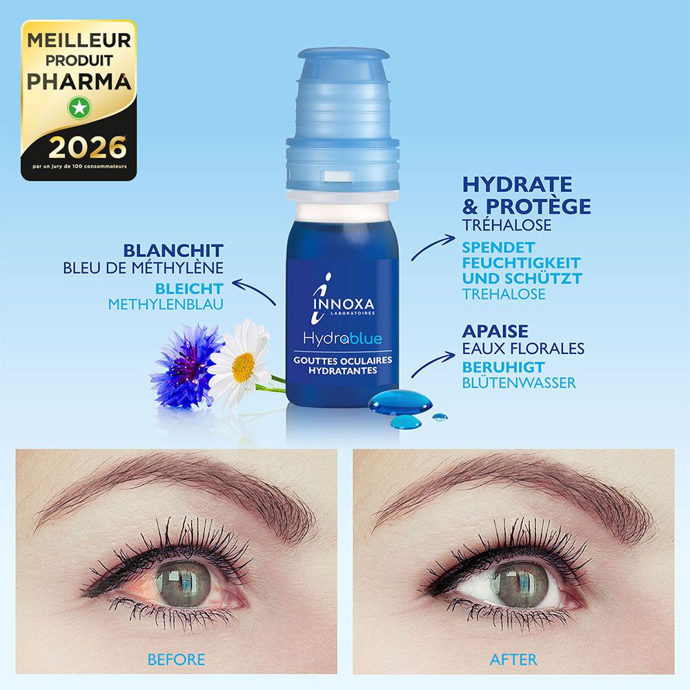 Flacon de gouttes bleues. Texte: Innoxa HydraBlue. Inscriptions: Hydrate & Protège, Blanchit, Apaise. Yeux avant/après.