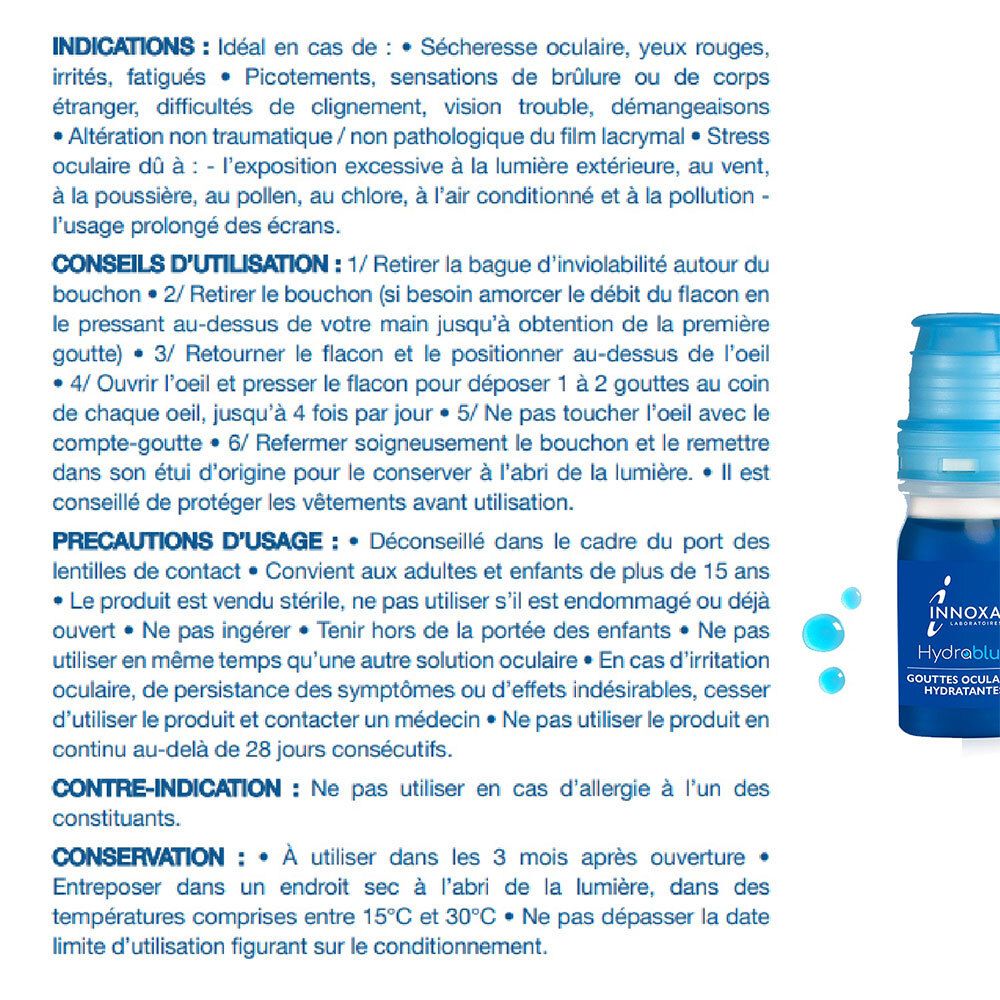 Page de texte avec instructions et précautions pour les gouttes oculaires Innoxa HydraBlue. Contient des informations d'utilisation.