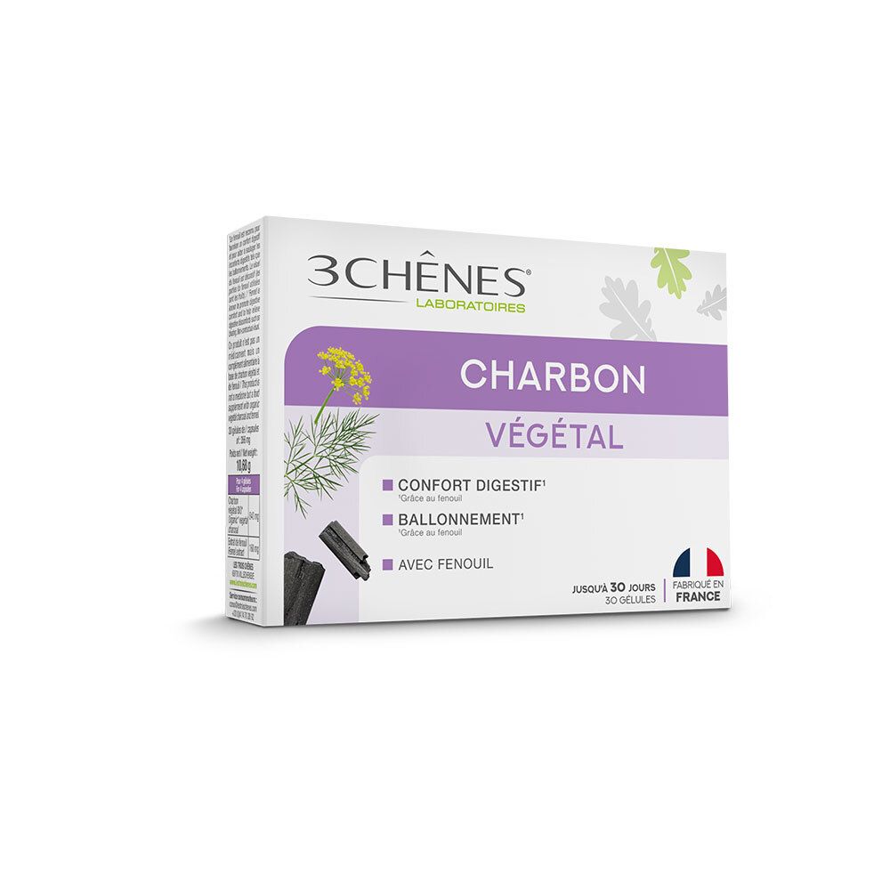 Boîte avec accents violets. Texte: CHARBON VÉGÉTAL, CONFORT DIGESTIF, BALLONNEMENT, AVEC FENOUIL. Drapeau français.