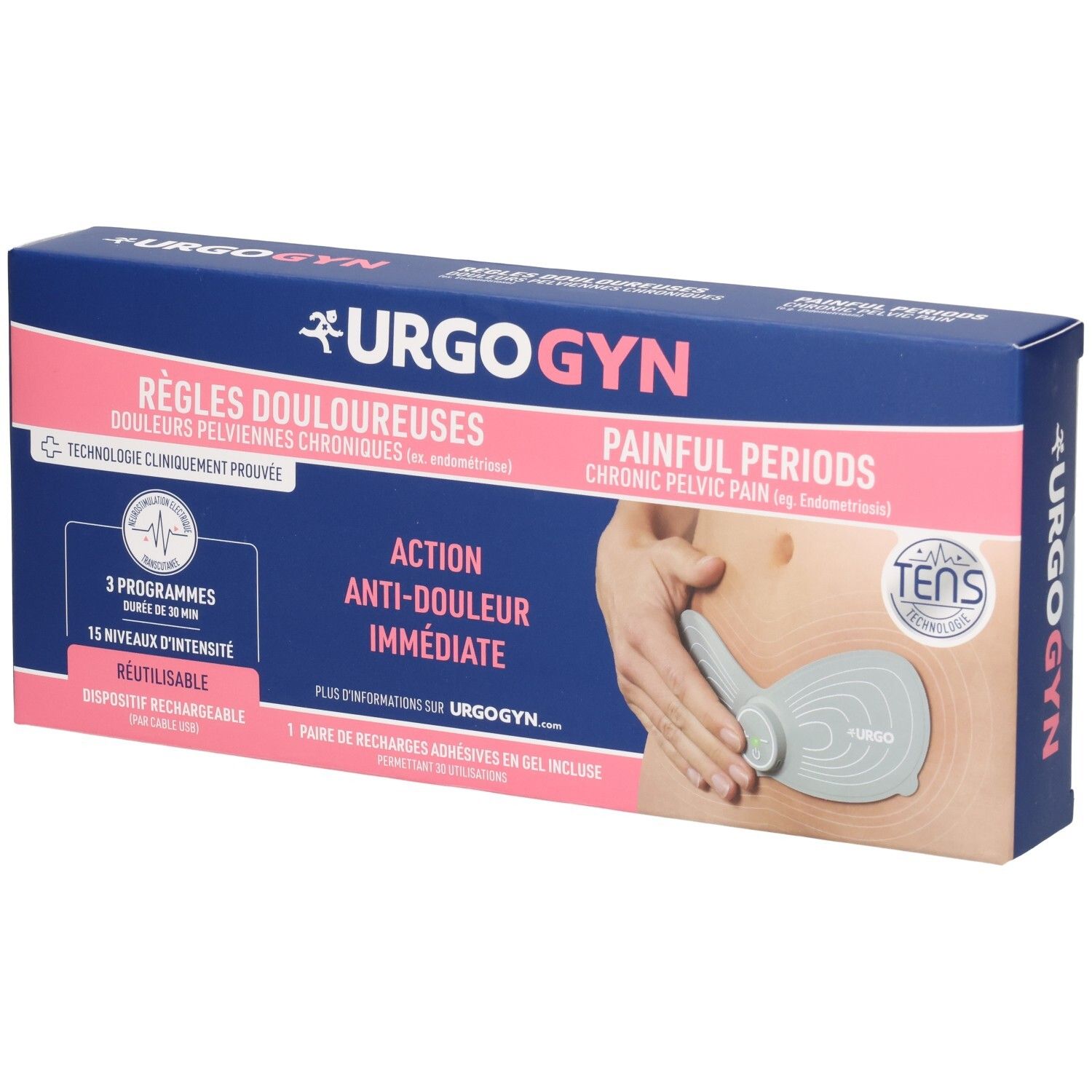Boîte URGO URGOGYN pour patchs d'électrostimulation contre les règles douloureuses, technologie TENS.