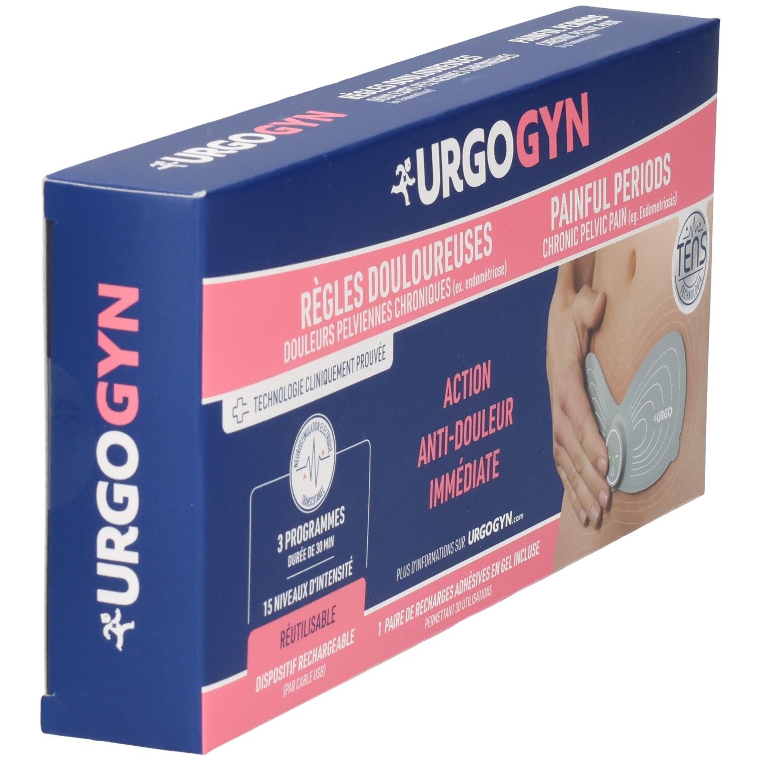 Boîte URGO URGOGYN pour patchs d'électrostimulation contre les règles douloureuses, technologie TENS.