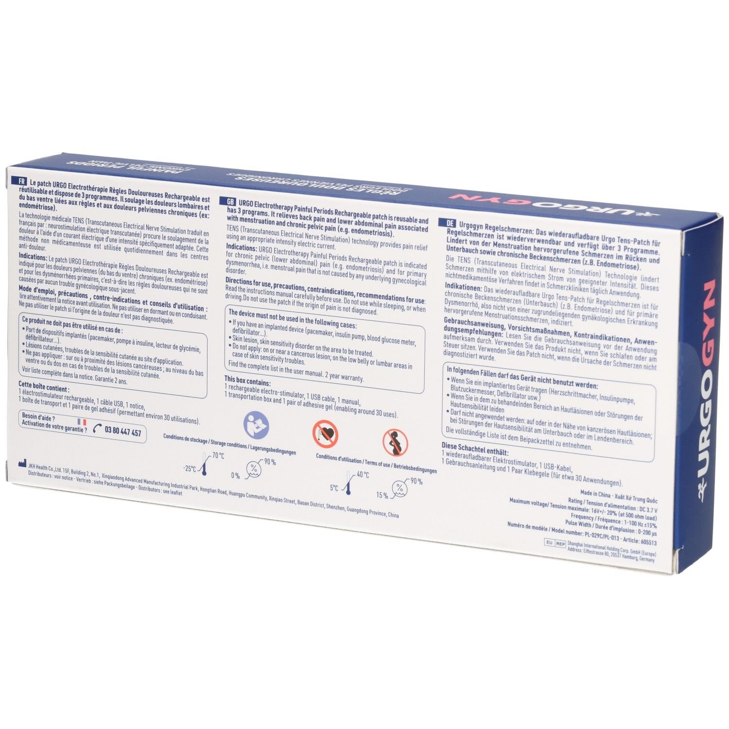 Arrière de la boîte URGO URGOGYN avec instructions et avertissements pour le patch antidouleur.