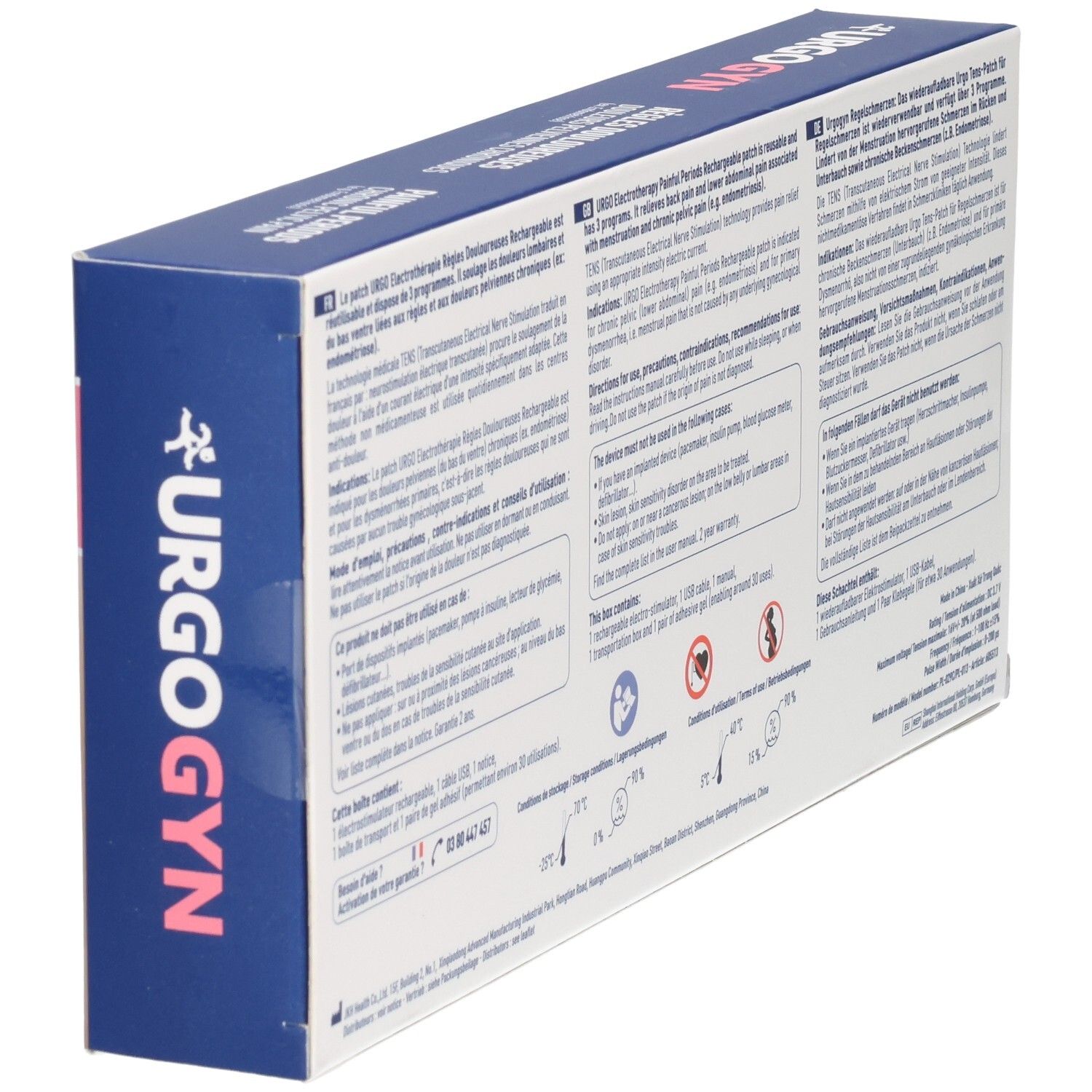 Arrière de la boîte URGO URGOGYN avec instructions et avertissements pour le patch antidouleur.