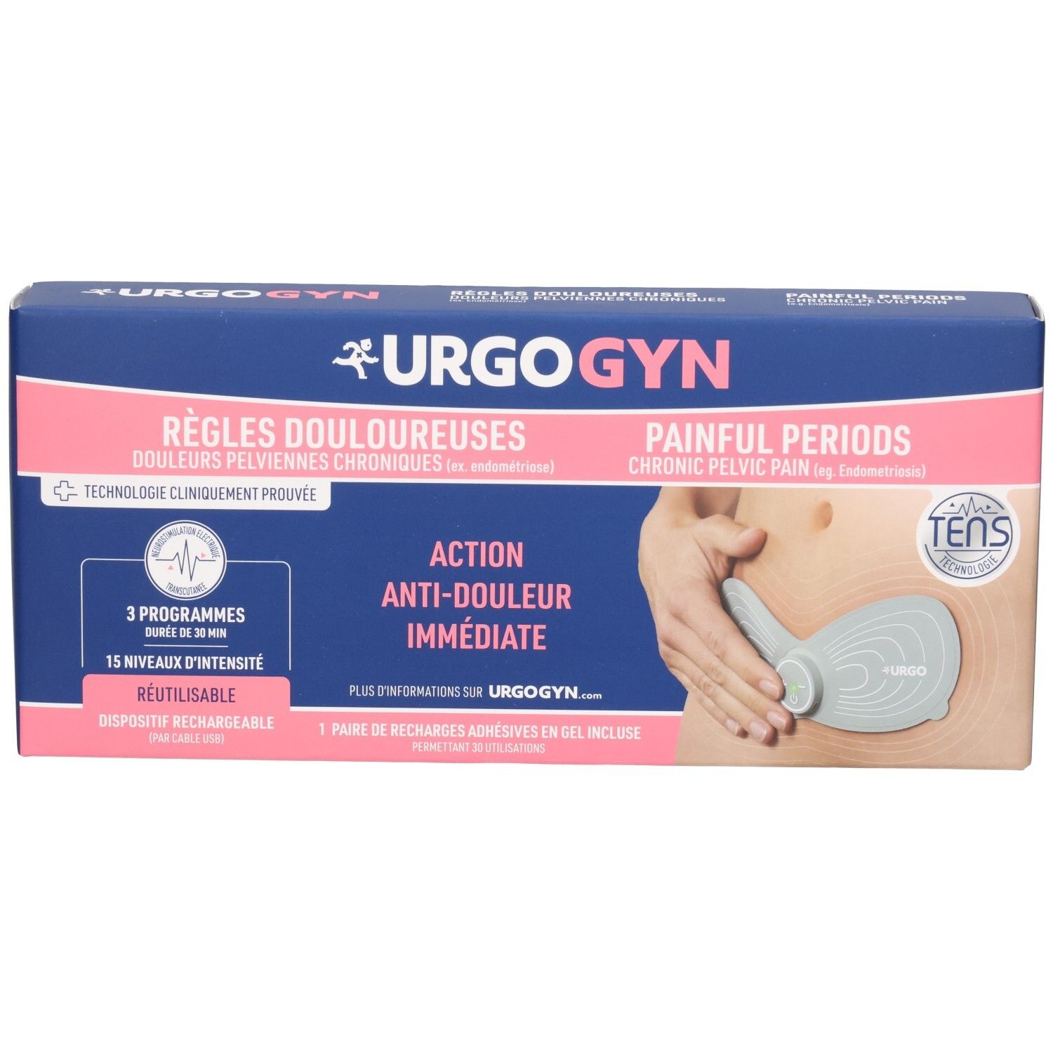 Boîte URGO URGOGYN pour patchs d'électrostimulation contre les règles douloureuses, technologie TENS.