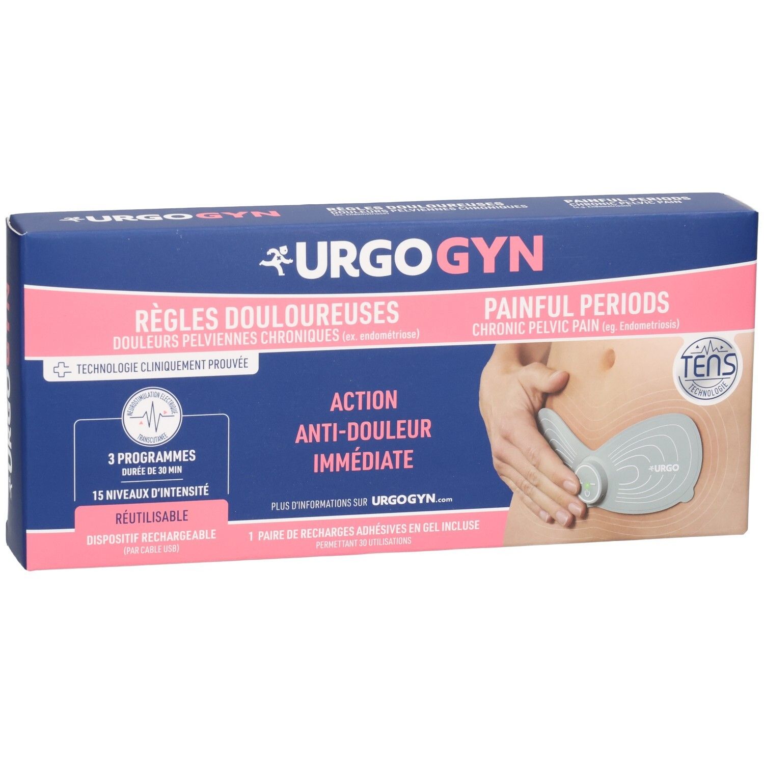 Boîte URGO URGOGYN pour patchs d'électrostimulation contre les règles douloureuses, technologie TENS.
