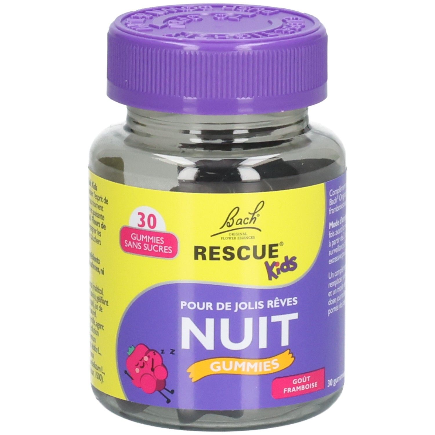 Flacon en verre avec couvercle violet. Inscription: Bach RESCUE Kids NUIT Gummies, 30 gummies sans sucres. Goût framboise.