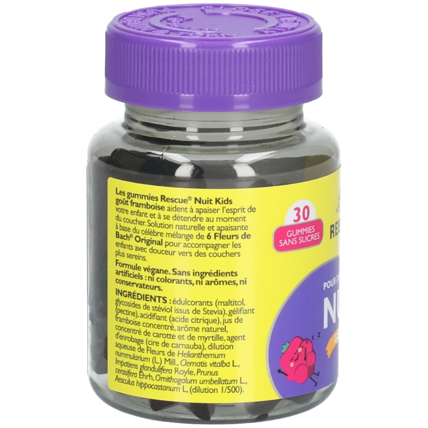 Dos du flacon en verre. Texte: ingrédients, formule vegan, 30 gummies sans sucres. Inscription: Bach Original.