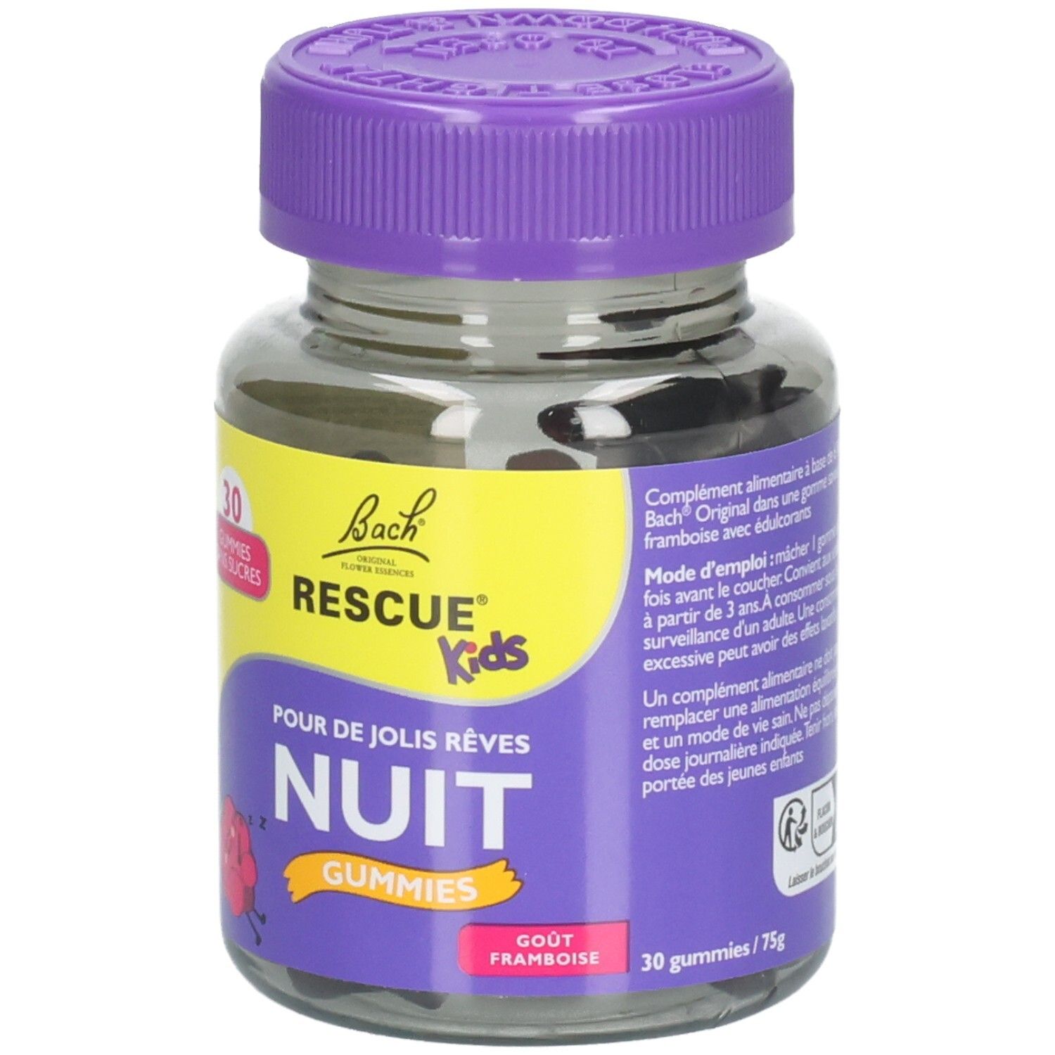 Flacon en verre avec couvercle violet. Inscription: Bach RESCUE Kids NUIT Gummies, 30 gummies. Goût framboise. Texte: Mode d'emploi.