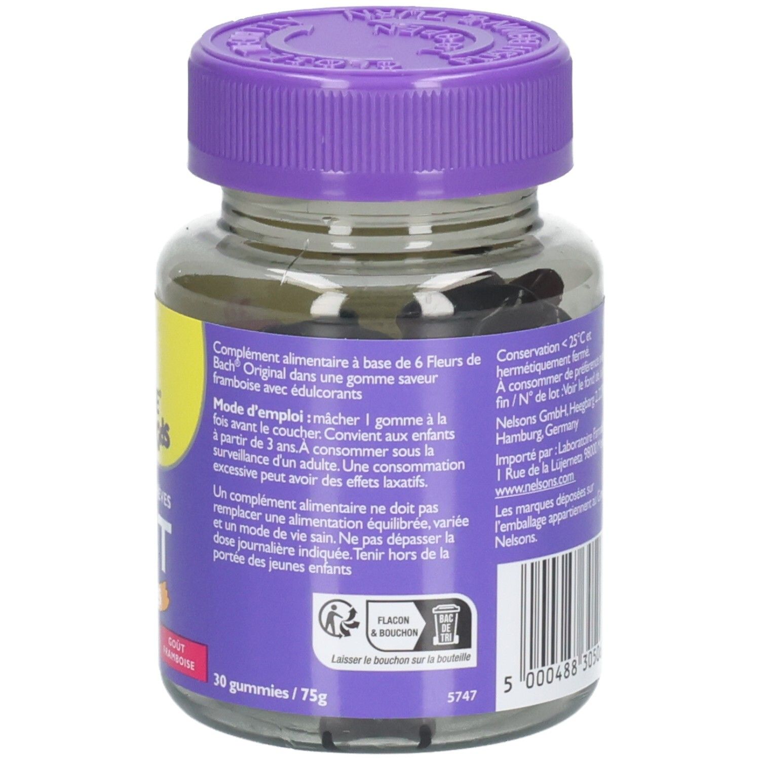 Dos du flacon en verre. Texte: Mode d'emploi, informations fabricant, code-barres. Inscription: 30 gummies/75g.
