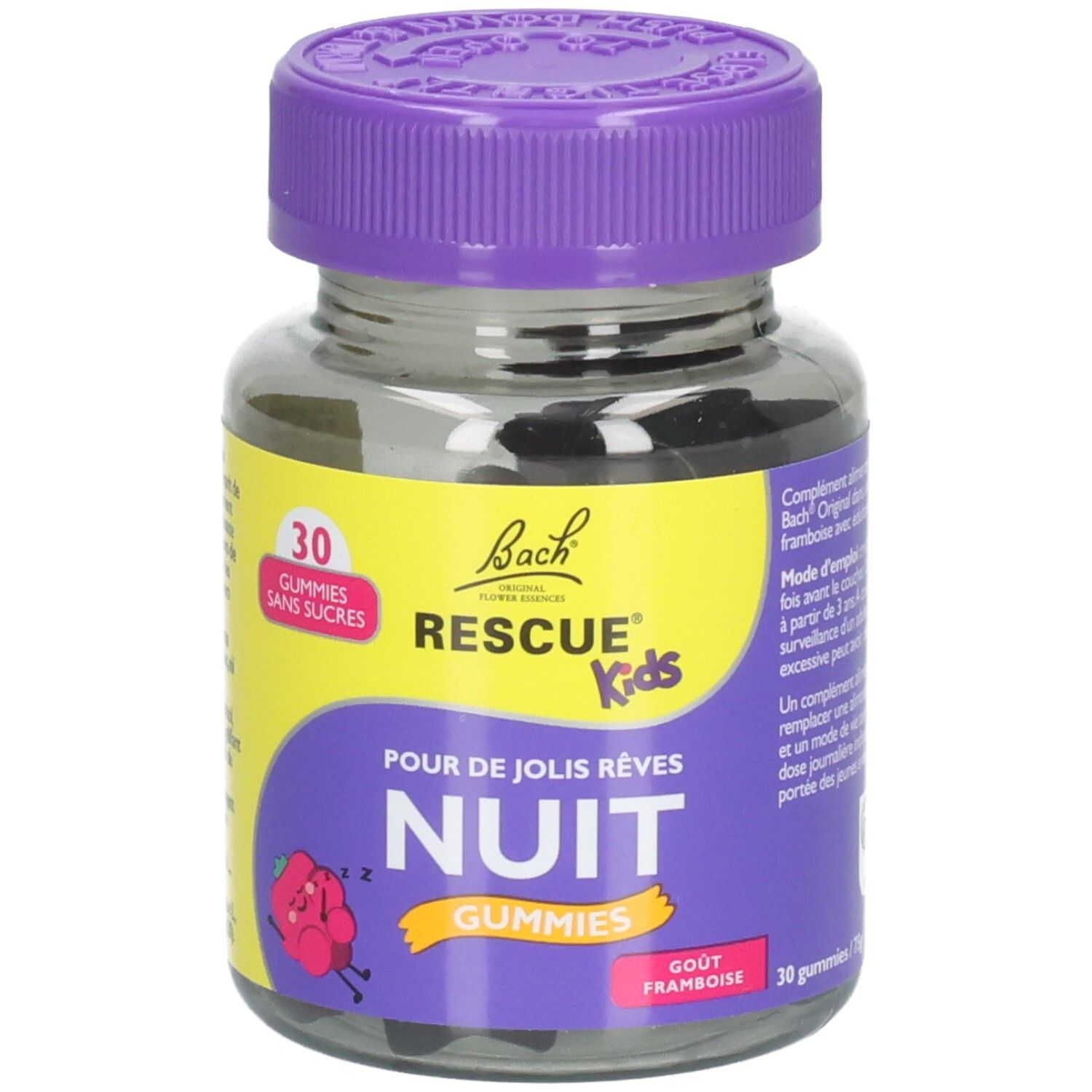 Flacon en verre avec couvercle violet. Inscription: Bach RESCUE Kids NUIT Gummies, 30 gummies sans sucres. Goût framboise.