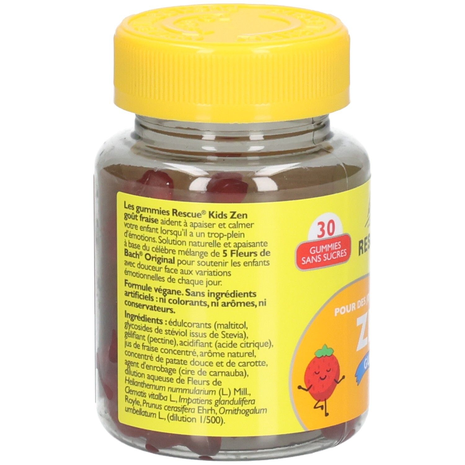 Dos du flacon avec bouchon jaune. Texte: ingrédients, formule vegan, 30 pièces, sans sucre. Goût fraise.