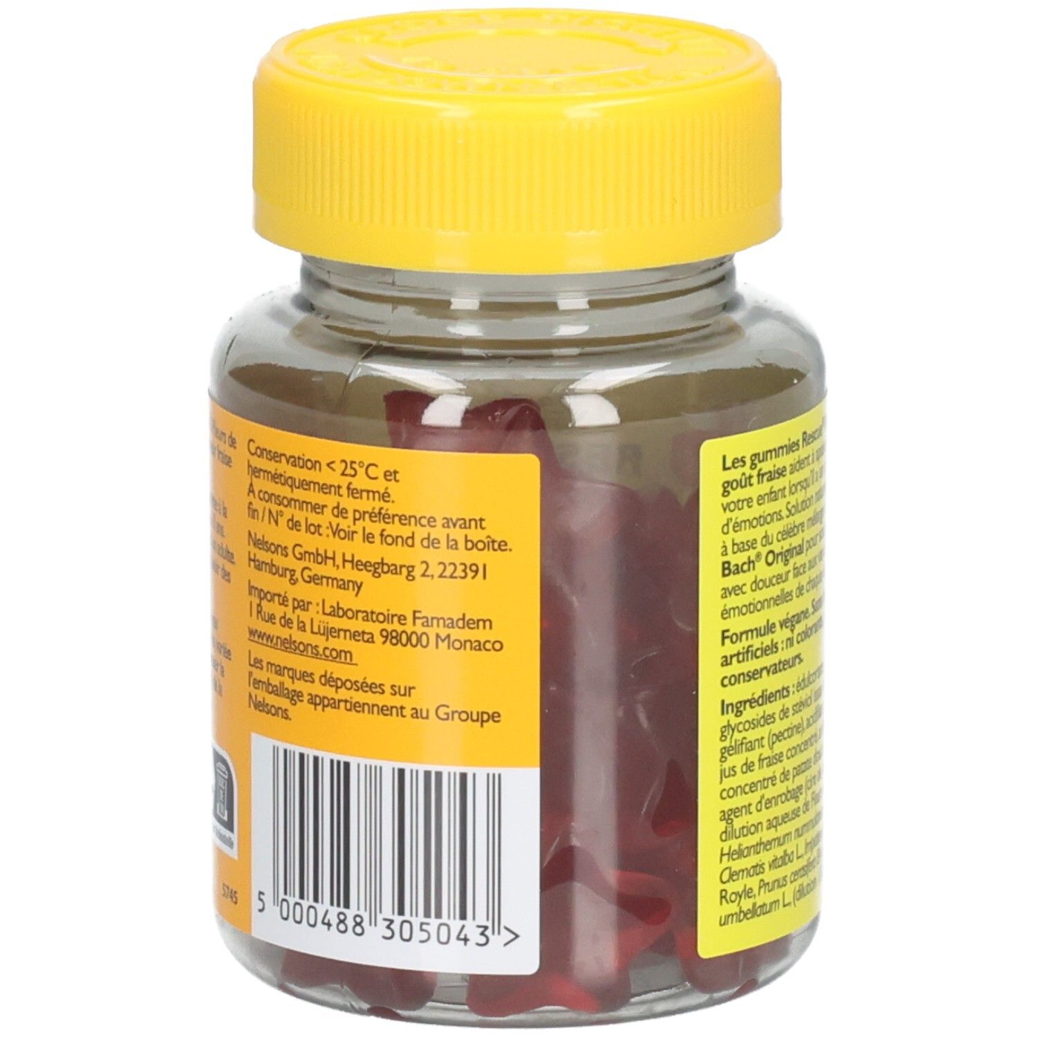 Dos du flacon avec bouchon jaune. Texte: conservation, informations fabricant, code-barres.