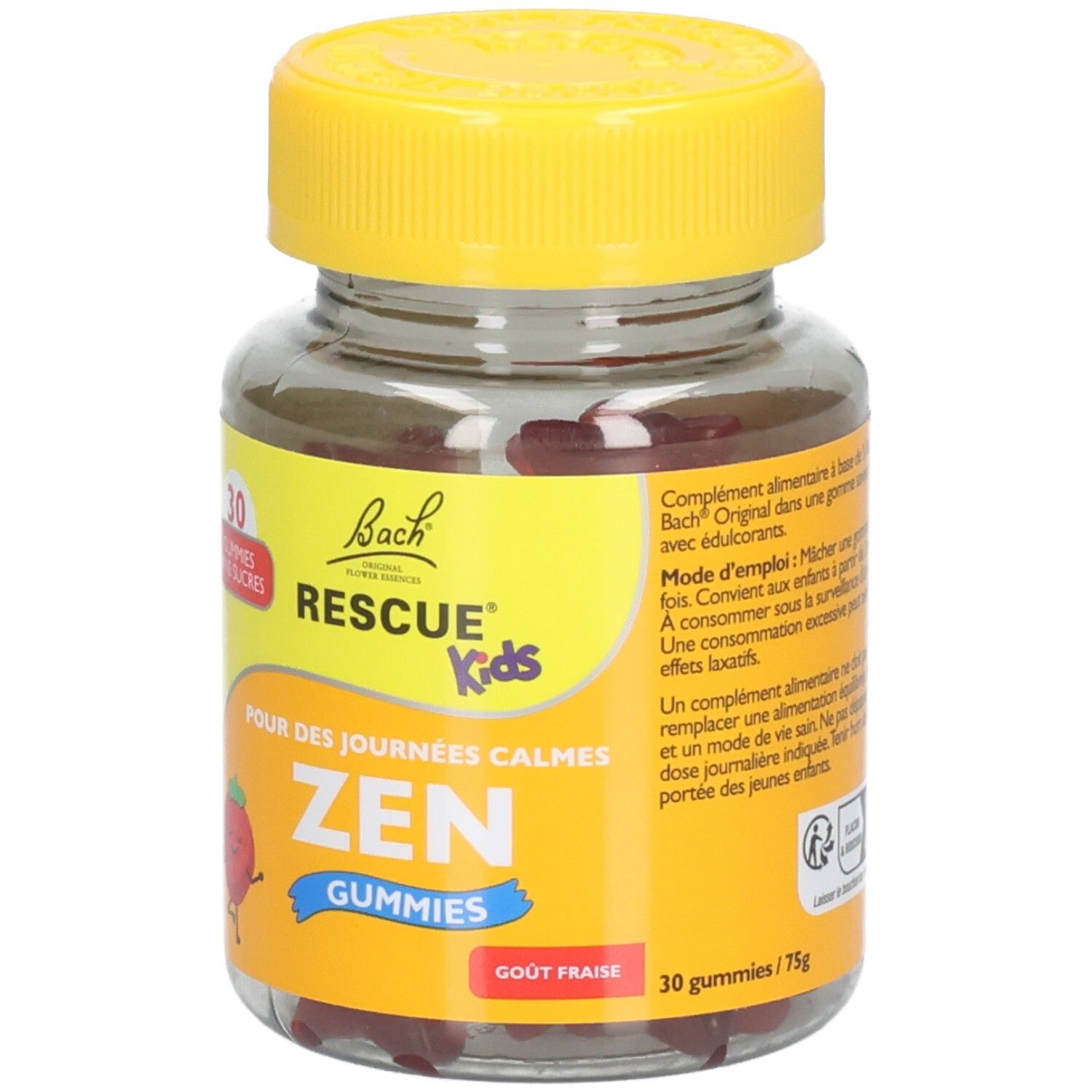 Flacon avec bouchon jaune. Inscription: RESCUE Kids ZEN GUMMIES, 30 pièces, sans sucre. Goût fraise. 75g.